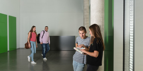 Studierende im Gespräch Zwei Studierende unterhalten sich, zwei andere kommen auf sie zu.